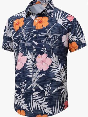 Simmashah NWT Men’s Hawaiian Shirt Short Sleeve Blue Tropical Hibiscus Floral XL